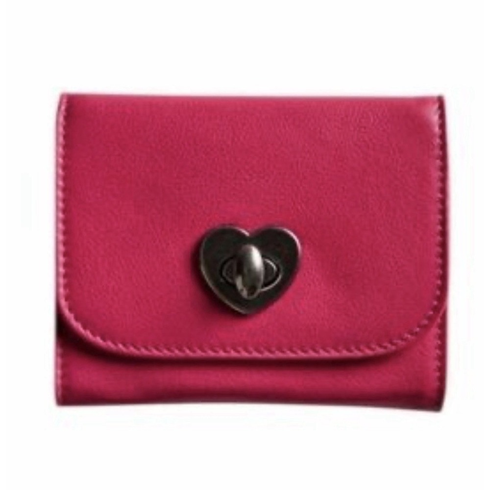 Free People Lock It Up Leather Wallet Pink Heart Turn Lock Trifold Card Hold NWT